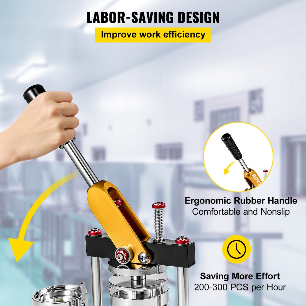 VEVOR button maker 75mm with ergonomic rubber handle in a clean, industrial setting.