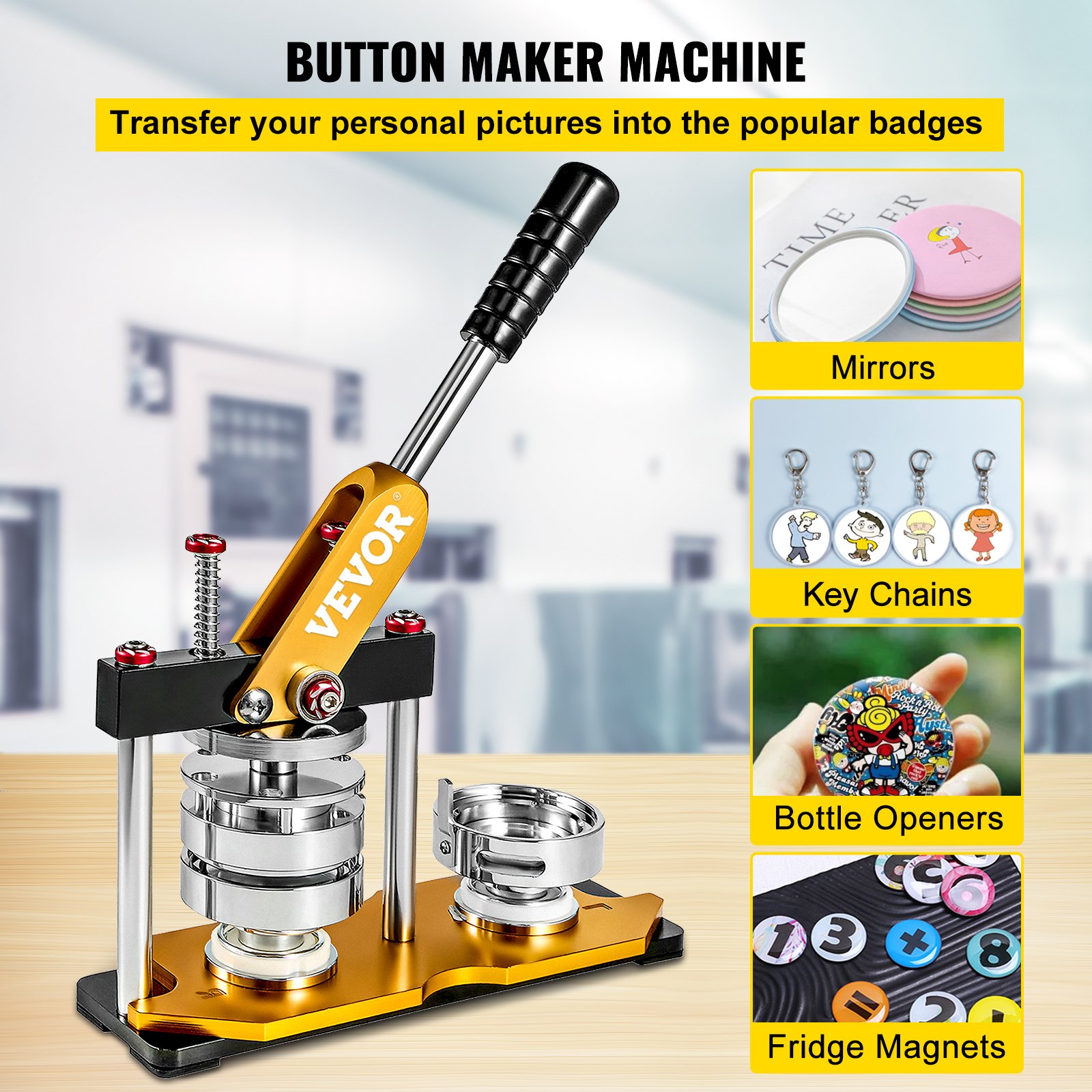 VEVOR button maker 75mm for mirrors, key chains, bottle openers, and fridge magnets.