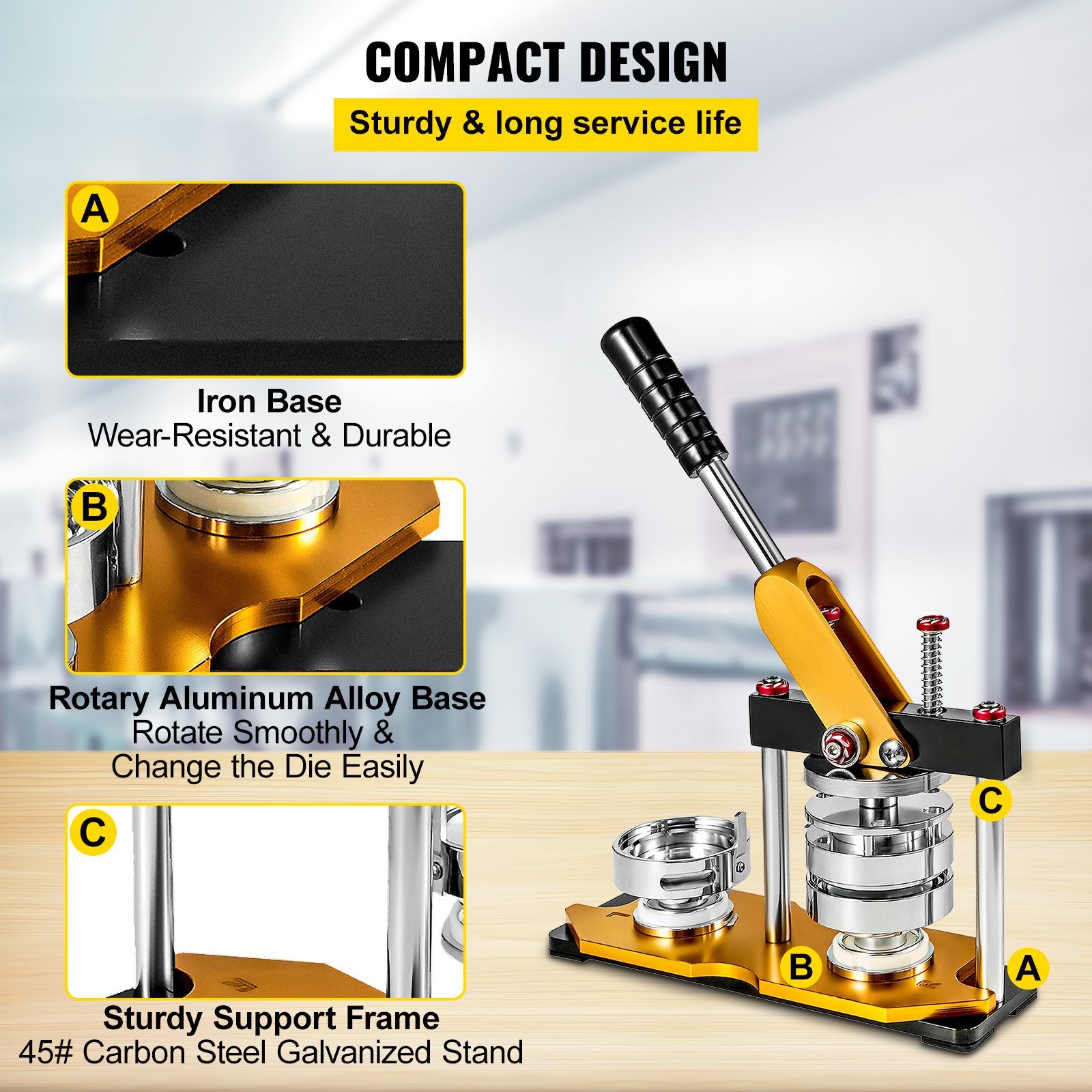 complete VEVOR button maker 75mm with iron base, rotary aluminum alloy base, and support frame.