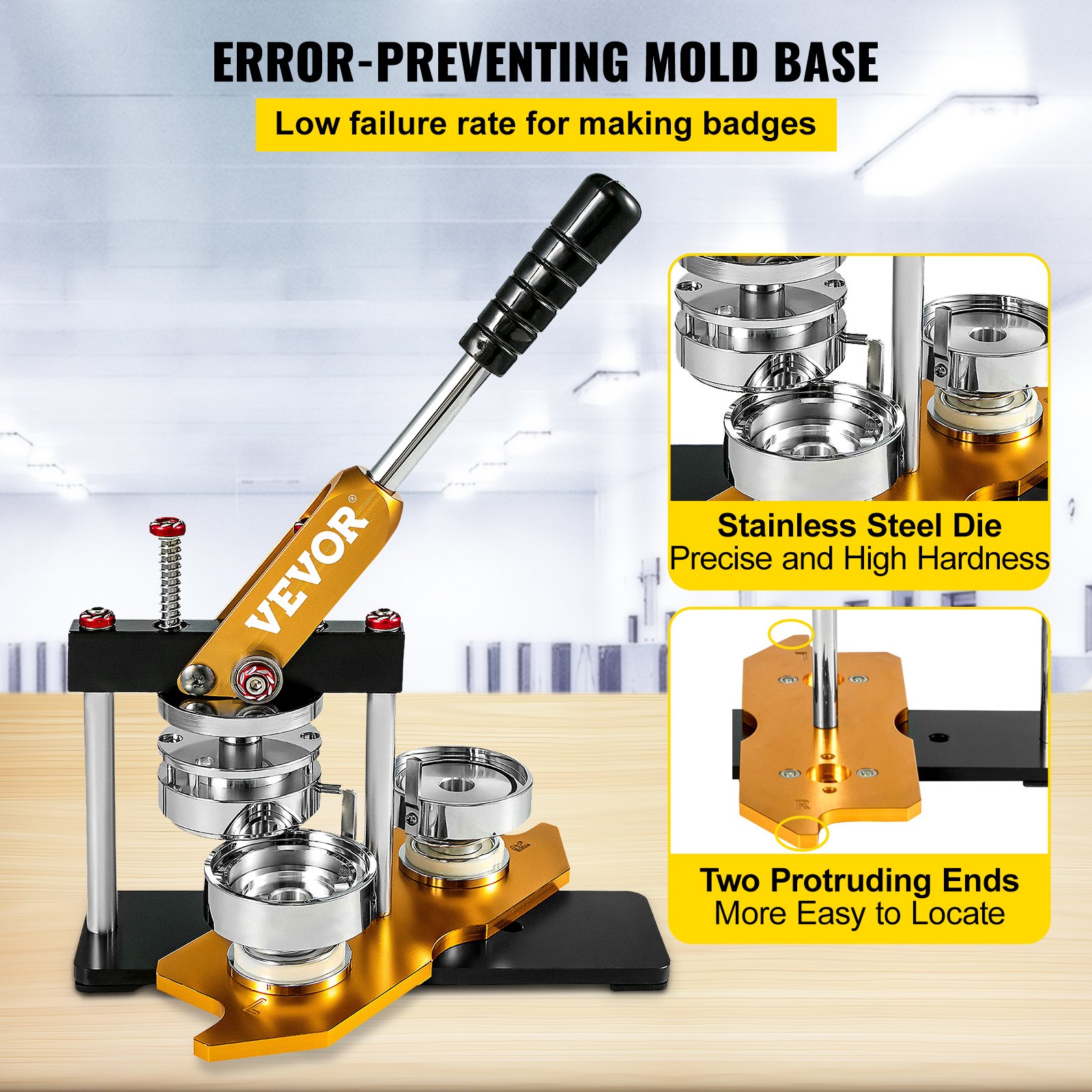 VEVOR button maker 75mm with error-preventing mold base and stainless steel die.