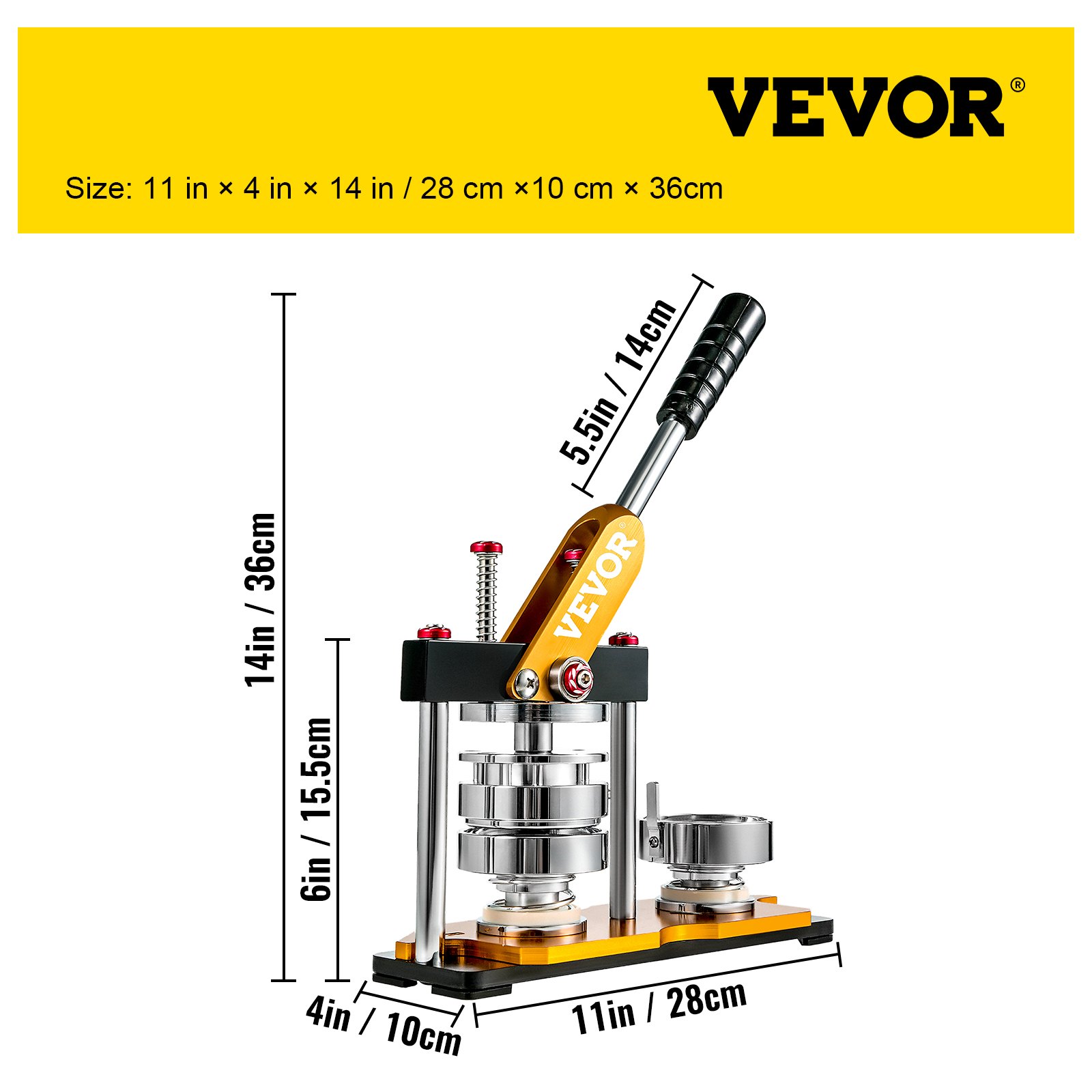VEVOR button maker 75mm, dimensions 11in x 4in x 14in, with handle and metal components.