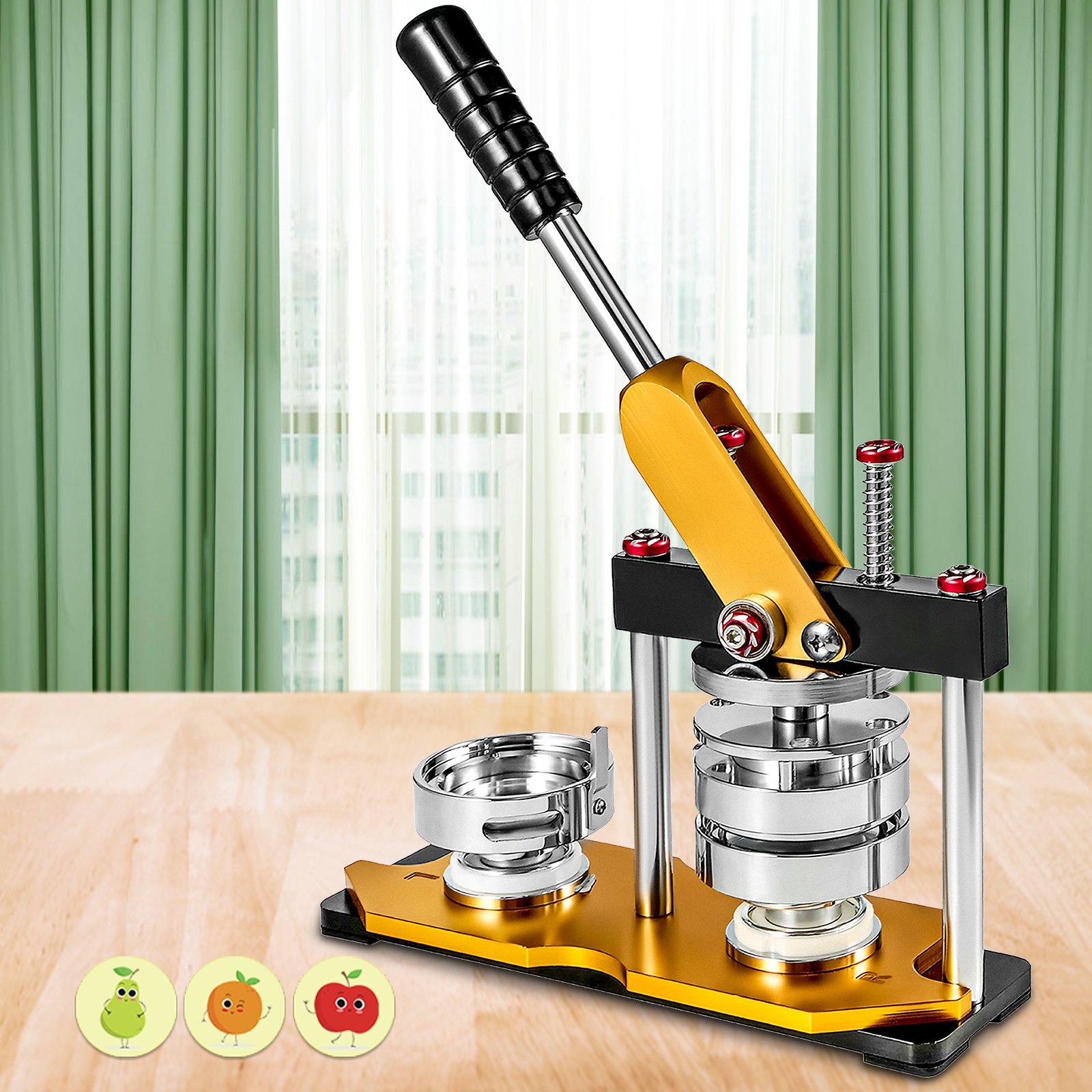 VEVOR button maker 75mm on a wooden table with green curtains in the background.