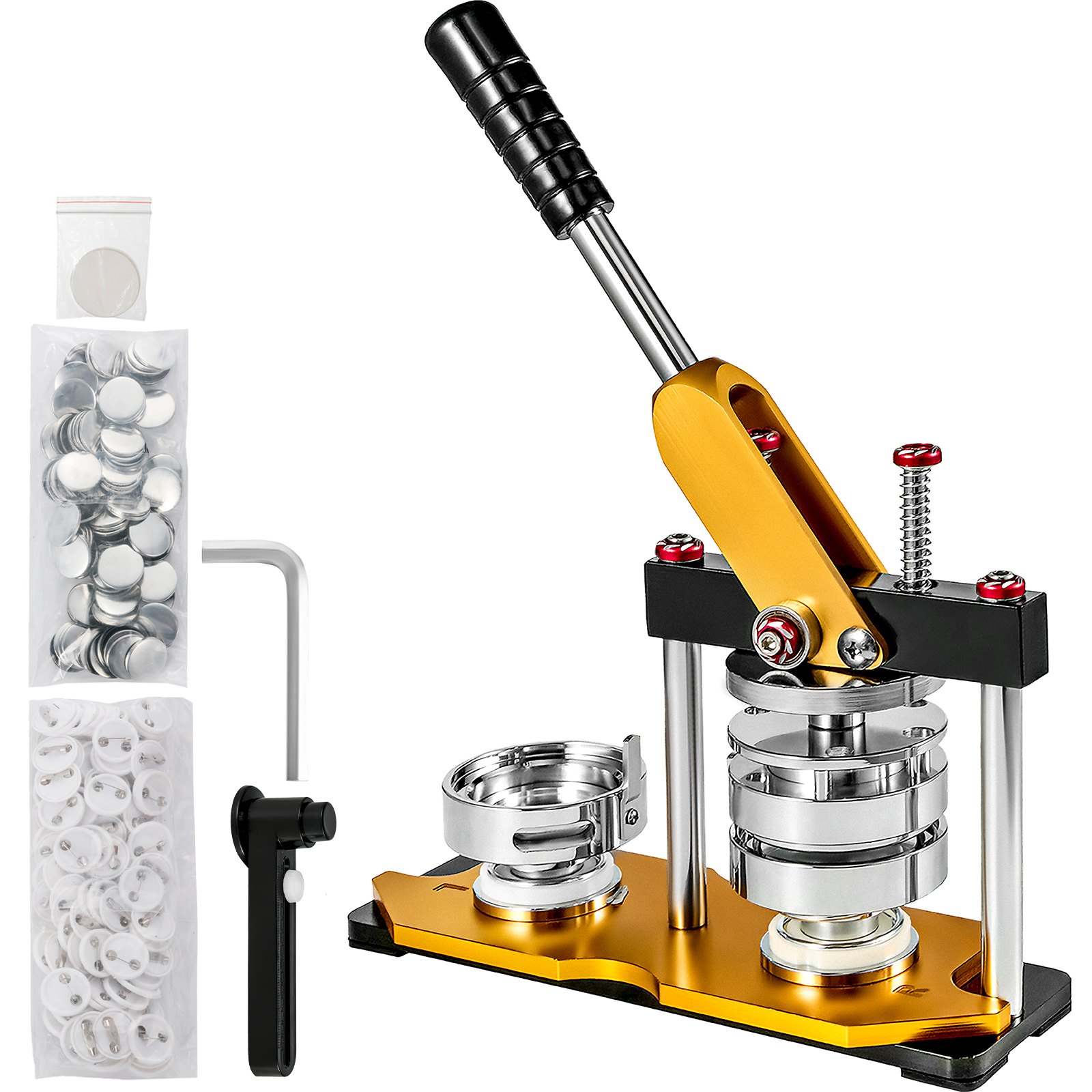 VEVOR button maker 75mm with accessories, including button pieces and lever handle.