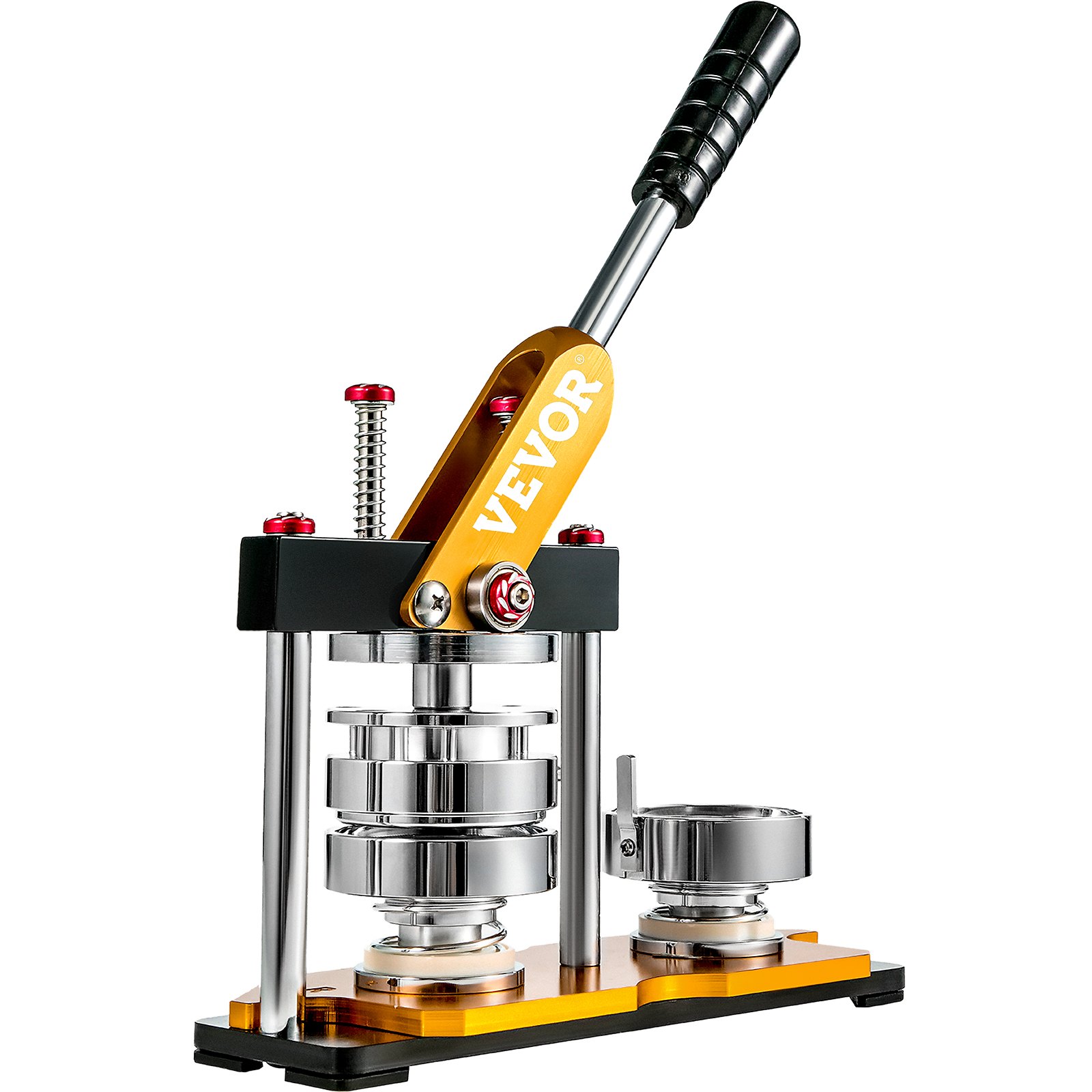 VEVOR button maker 75mm with a black handle and yellow base for badge making.