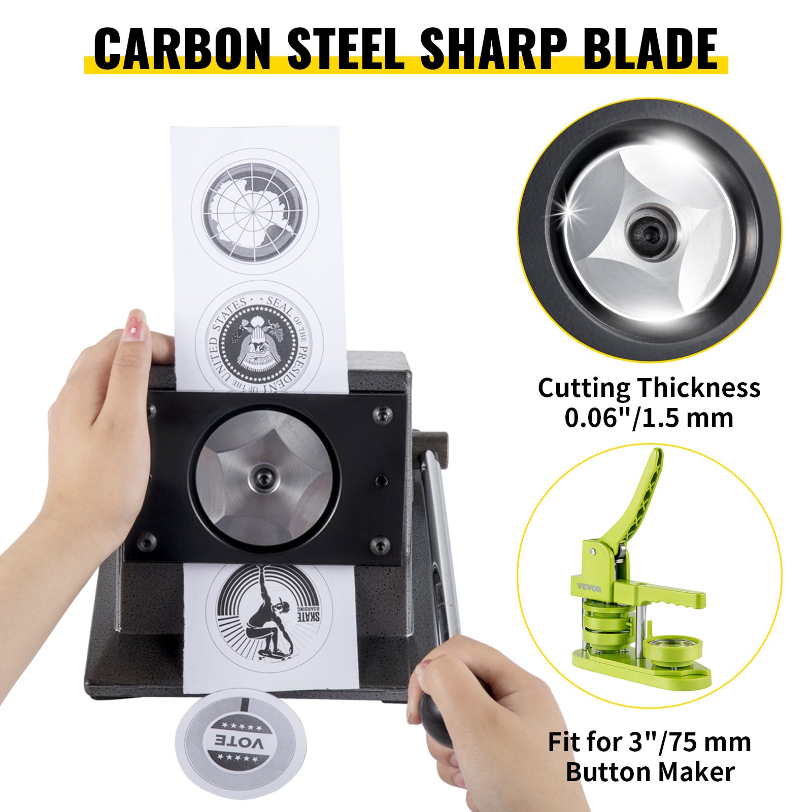 VEVOR Graphic Punch Die Cutter, 3"/75mm Round Punch Die Cutter, Cast Iron Manual Graphic Punch Press Button Badge Maker, 0.05"/1.5mm Cut Thickness Graphic Die Cutter w/Steel Blade for Card Making