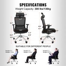 VEVOR Chaise de bureau ergonomique avec siège coulissant, chaise de bureau avec siège en maille, chaise de bureau à domicile réglable en angle et en hauteur avec dossier et soutien lombaire, chaise de travail pivotante pour ordinateur