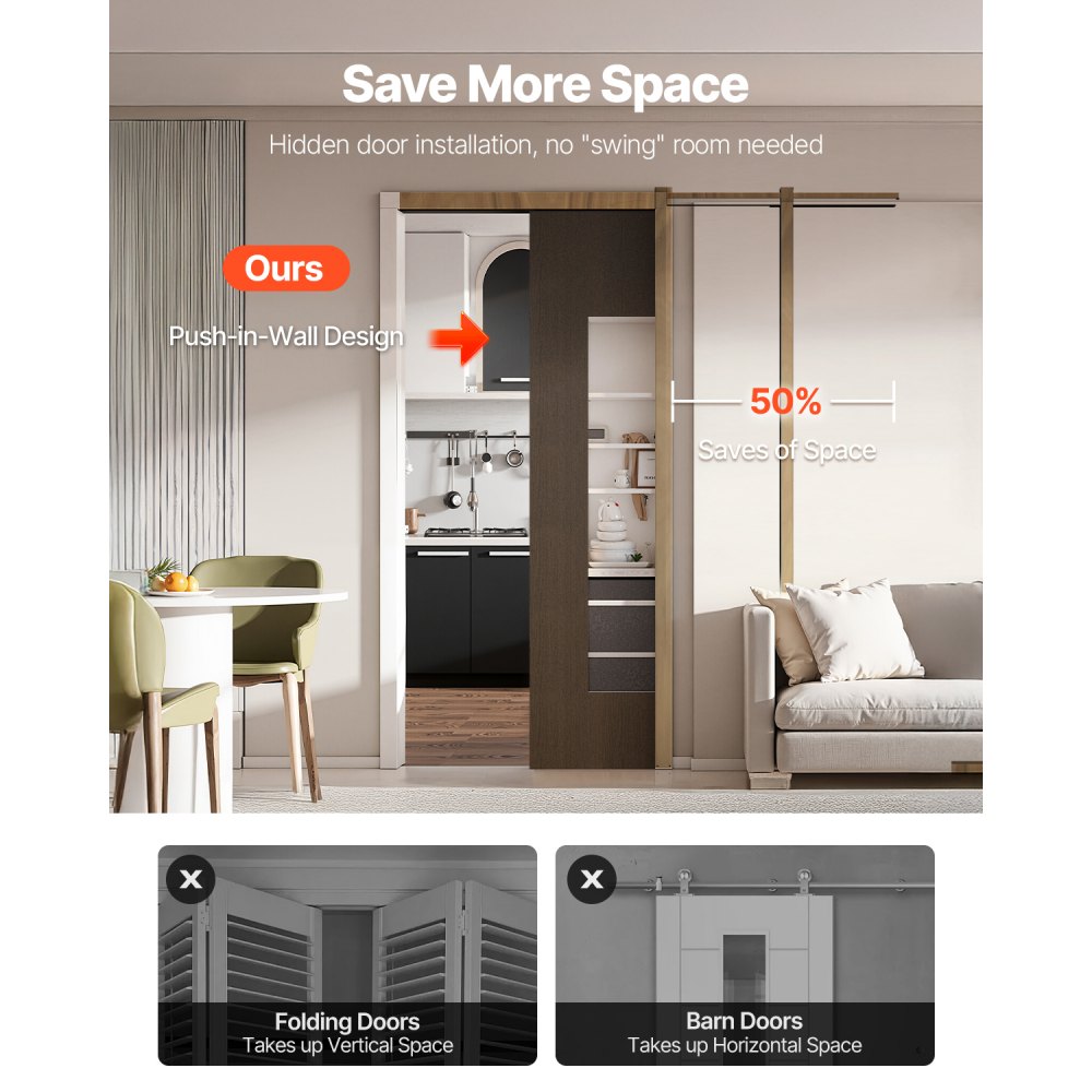 VEVOR Pocket Door Frame Kit, for 610-914mm Wide 2032mm High Door, Pocket Door Kit with Two-Way Soft Close Mechanism, Slide Smoothly Quietly, Easy to Install, Wood and Galvanized Steel, for Living Room