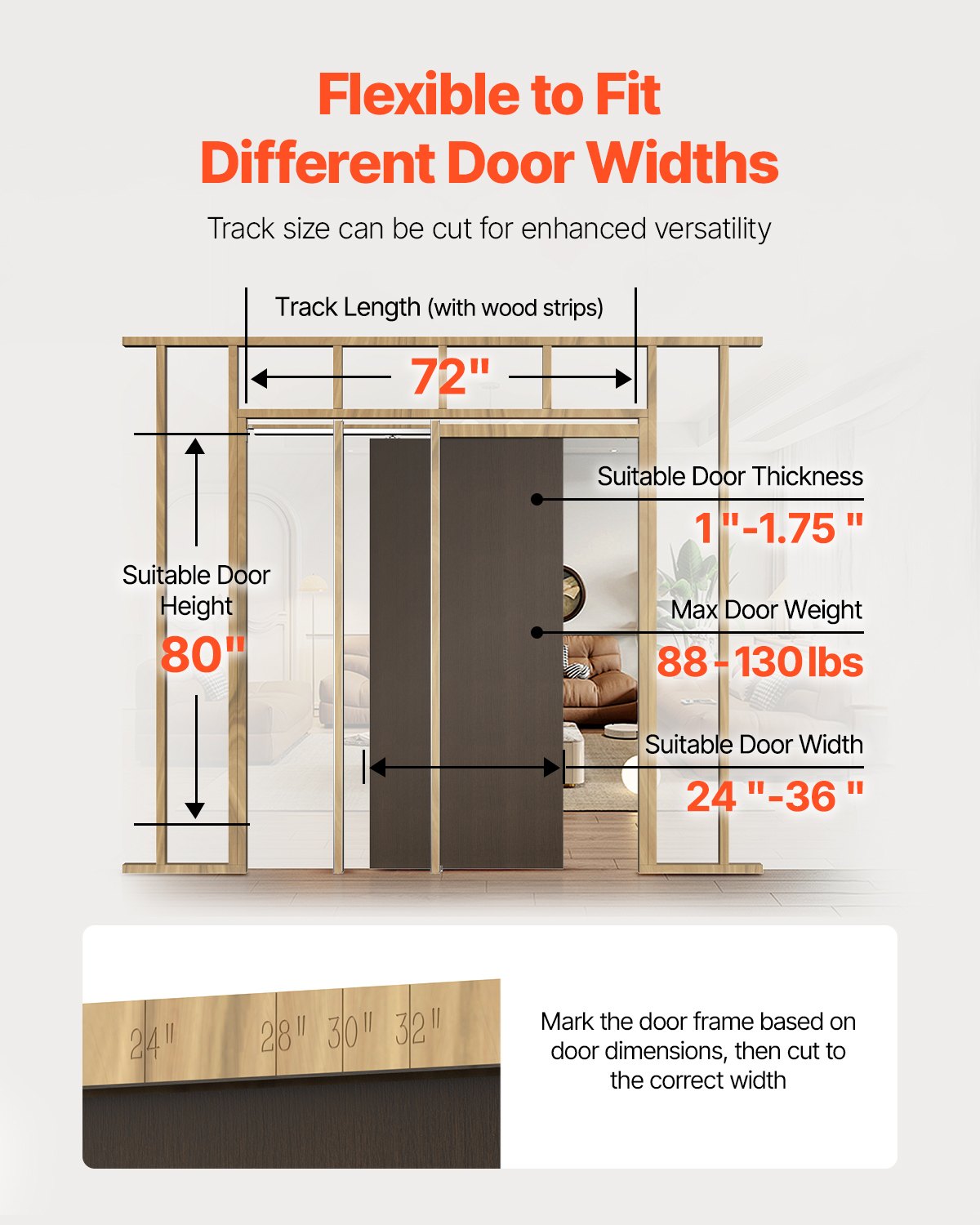 VEVOR Pocket Door Frame Kit, for 610-914mm Wide 2032mm High Door, Pocket Door Kit with Two-Way Soft Close Mechanism, Slide Smoothly Quietly, Easy to Install, Wood and Galvanized Steel, for Living Room
