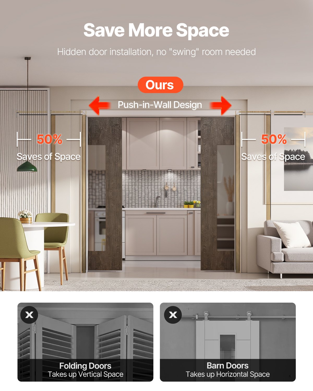 VEVOR Pocket Door Frame Kit, for 1219-1829mm Wide 2032mm High Door, Pocket Door Kit with Two-Way Soft Close Mechanism, Slide Smoothly Quietly, Easy to Install, Wood and Galvanized Steel, for Bedroom