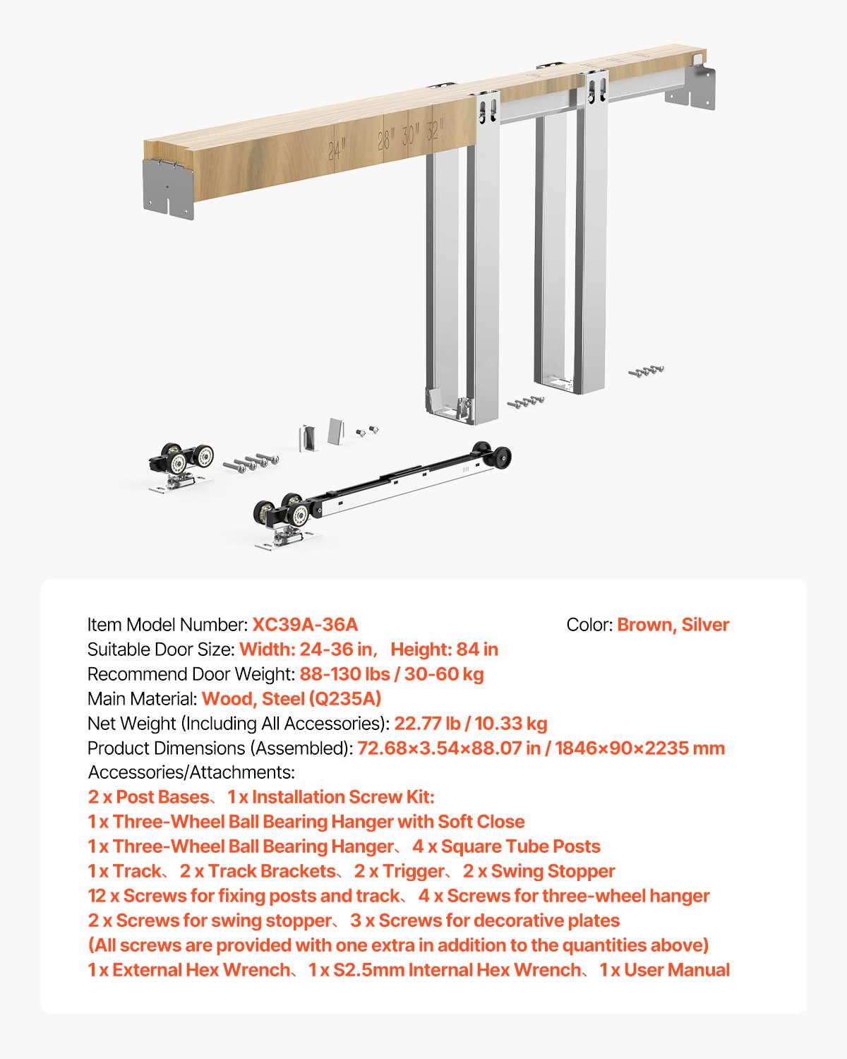 VEVOR Pocket Door Frame Kit, for 610-914mm Wide 2134mm High Door, Pocket Door Kit with Two-Way Soft Close Mechanism, Slide Smoothly Quietly, Easy to Install, Premium Galvanized Steel, for Living Room