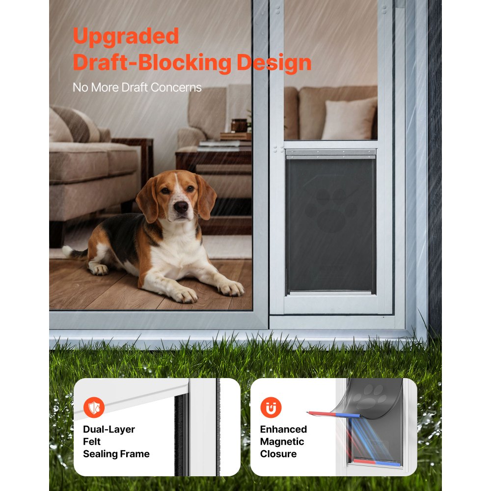 VEVOR Dog Door for Sliding Glass Door, 75 7/8" to 80 11/16" Adjustable Height, Aluminum Alloy Frame with Flap, Lock Design, for Large-Sized Dogs, 180° Swing-Open Sliding Glass Pet Doors