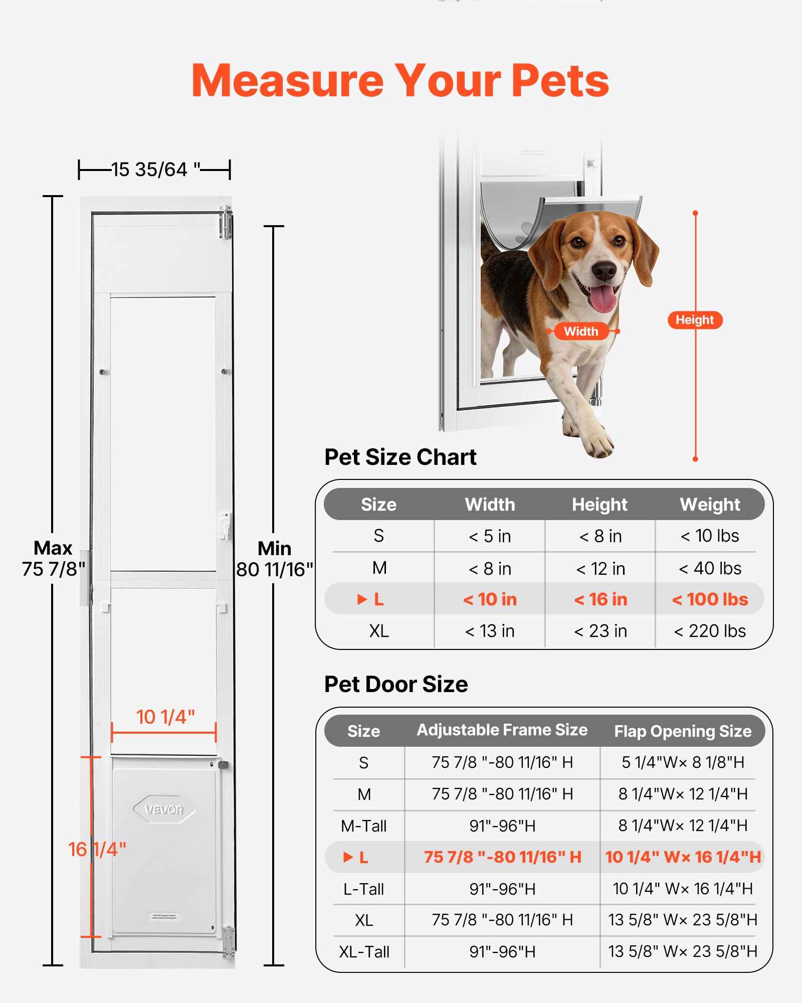 VEVOR Dog Door for Sliding Glass Door, 75 7/8" to 80 11/16" Adjustable Height, Aluminum Alloy Frame with Flap, Lock Design, for Large-Sized Dogs, 180° Swing-Open Sliding Glass Pet Doors