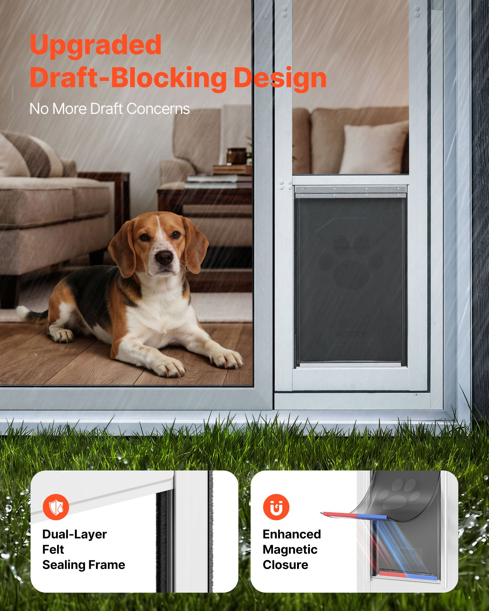 VEVOR Dog Door for Sliding Glass Door, 75 7/8" to 80 11/16" Adjustable Height, Aluminum Alloy Frame with Flap, Lock Design, for Large-Sized Dogs, 180° Swing-Open Sliding Glass Pet Doors