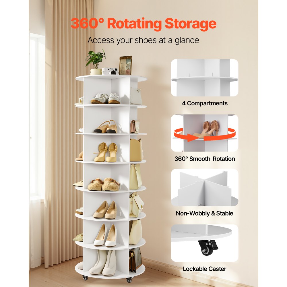 VEVOR 7 Tiers Rotating Shoe Rack Tower with Wheels, Movable 360° Spinning Carousel Display, Lazy Susan Organizer Closet Shelf for Living Room, Entryway, White