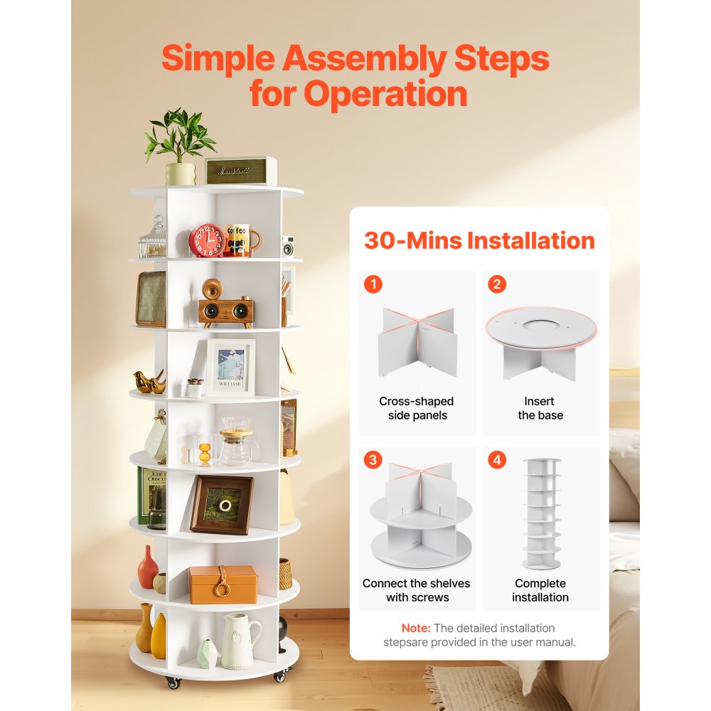VEVOR 7 Tiers Rotating Shoe Rack Tower with Wheels, Movable 360° Spinning Carousel Display, Lazy Susan Organizer Closet Shelf for Living Room, Entryway, White