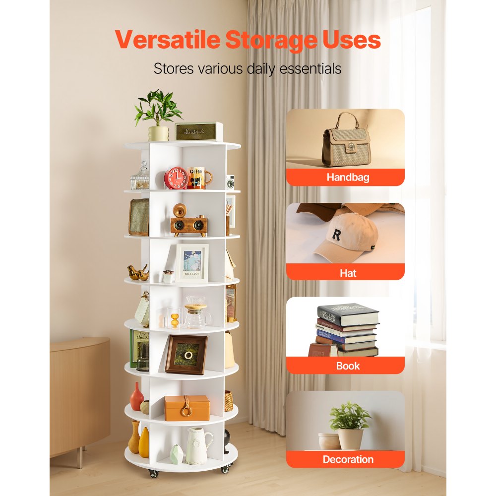 VEVOR 7 Tiers Rotating Shoe Rack Tower with Wheels, Movable 360° Spinning Carousel Display, Lazy Susan Organizer Closet Shelf for Living Room, Entryway, White