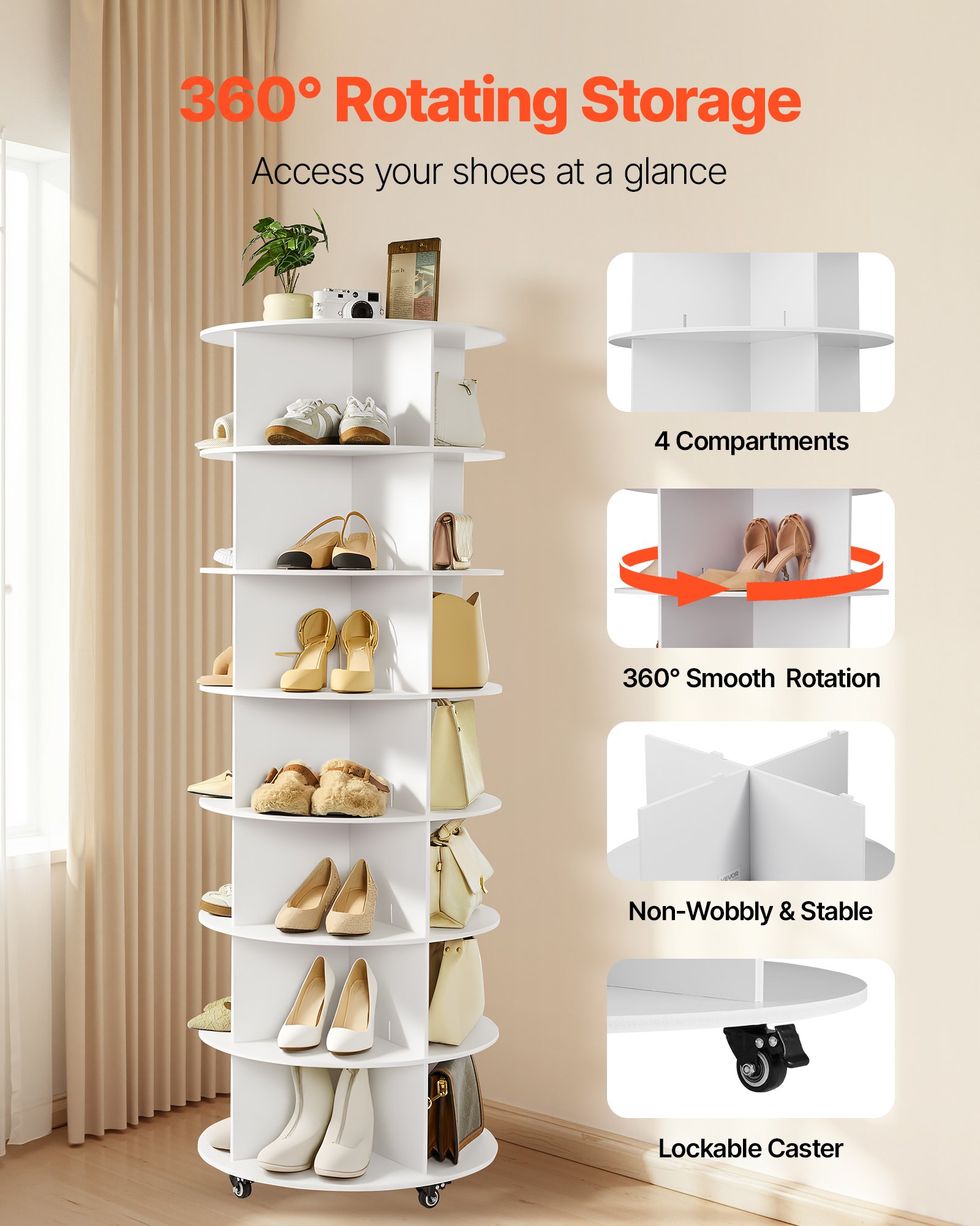 VEVOR 7 Tiers Rotating Shoe Rack Tower with Wheels, Movable 360° Spinning Carousel Display, Lazy Susan Organizer Closet Shelf for Living Room, Entryway, White