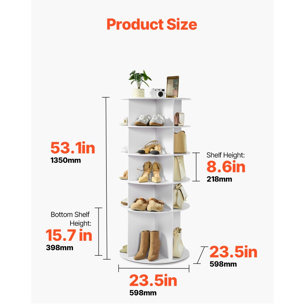VEVOR 5 Tiers Rotating Shoe Rack Tower, 360° Spinning Shoe Rack, Revolving Storage Round Carousel Display, Freestanding Lazy Susan Organizer Display for Bedroom, Living Room, Entryway, Closet, White