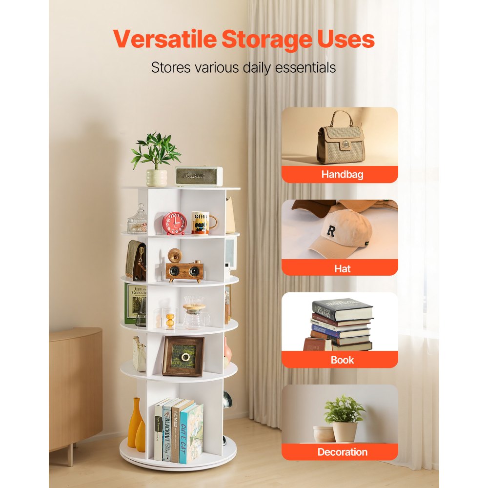 VEVOR 5 Tiers Rotating Shoe Rack Tower, 360° Spinning Shoe Rack, Revolving Storage Round Carousel Display, Freestanding Lazy Susan Organizer Display for Bedroom, Living Room, Entryway, Closet, White