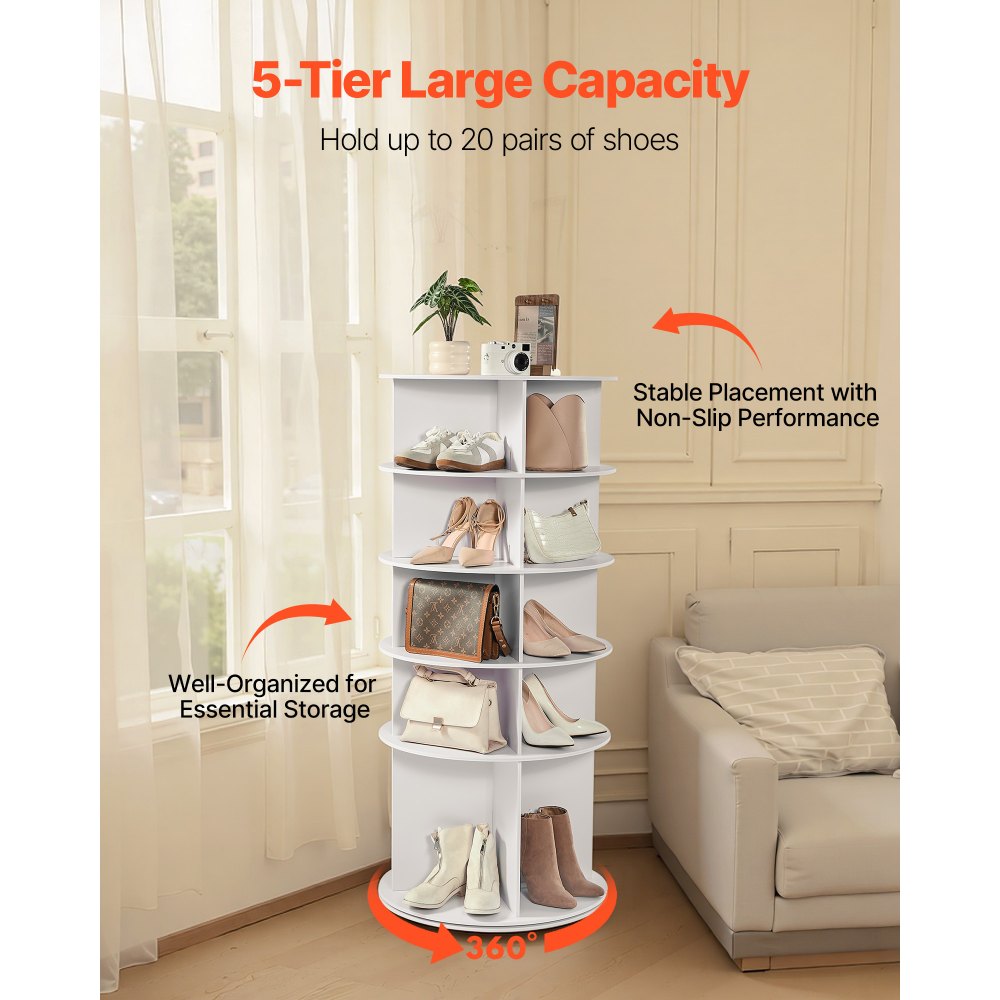 VEVOR 5 Tiers Rotating Shoe Rack Tower, 360° Spinning Shoe Rack, Revolving Storage Round Carousel Display, Freestanding Lazy Susan Organizer Display for Bedroom, Living Room, Entryway, Closet, White