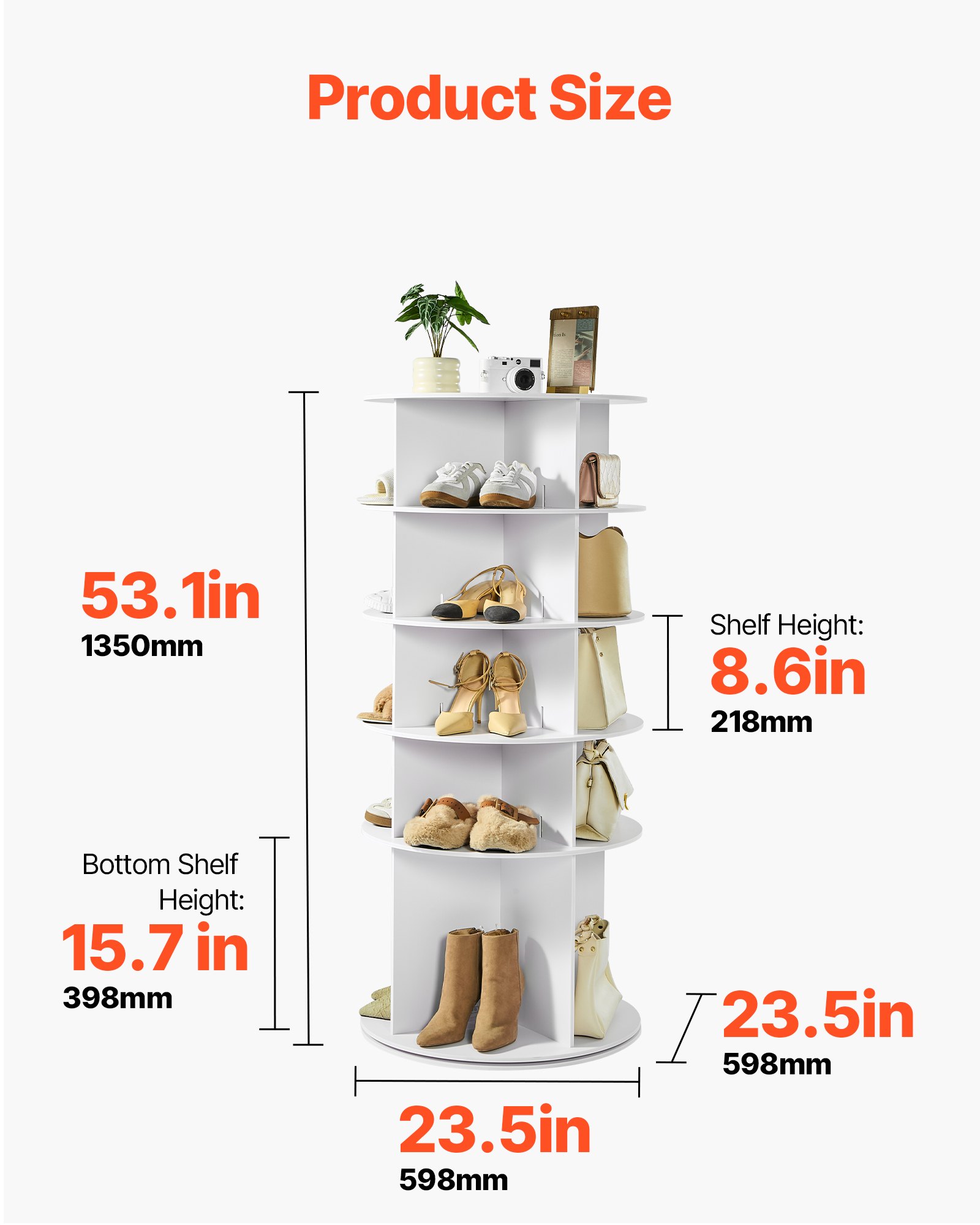 VEVOR 5 Tiers Rotating Shoe Rack Tower, 360° Spinning Shoe Rack, Revolving Storage Round Carousel Display, Freestanding Lazy Susan Organizer Display for Bedroom, Living Room, Entryway, Closet, White