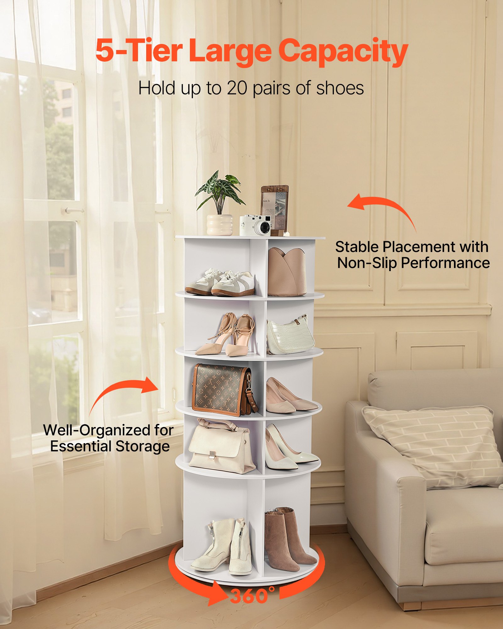 VEVOR 5 Tiers Rotating Shoe Rack Tower, 360° Spinning Shoe Rack, Revolving Storage Round Carousel Display, Freestanding Lazy Susan Organizer Display for Bedroom, Living Room, Entryway, Closet, White