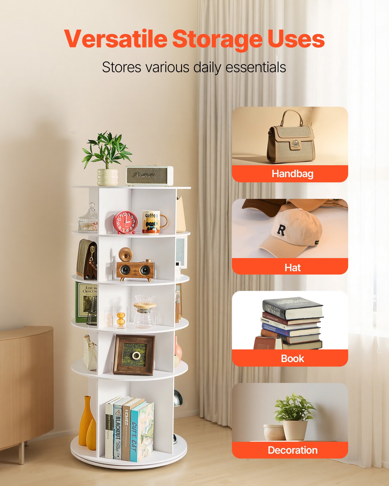 VEVOR 5 Tiers Rotating Shoe Rack Tower, 360° Spinning Shoe Rack, Revolving Storage Round Carousel Display, Freestanding Lazy Susan Organizer Display for Bedroom, Living Room, Entryway, Closet, White