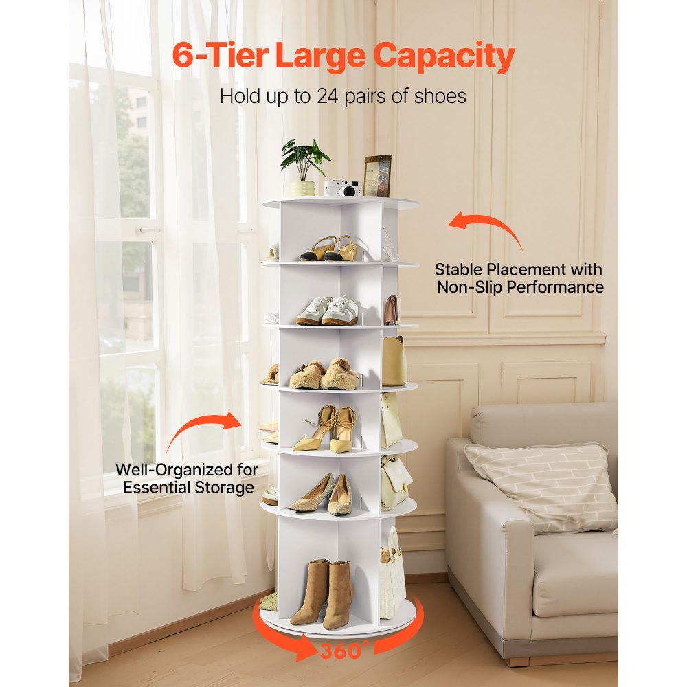 VEVOR 6 Tiers Rotating Shoe Rack Tower, 360° Spinning Shoe Rack, Revolving Storage Round Carousel Display, Freestanding Lazy Susan Organizer Display for Bedroom, Living Room, Entryway, Closet, White