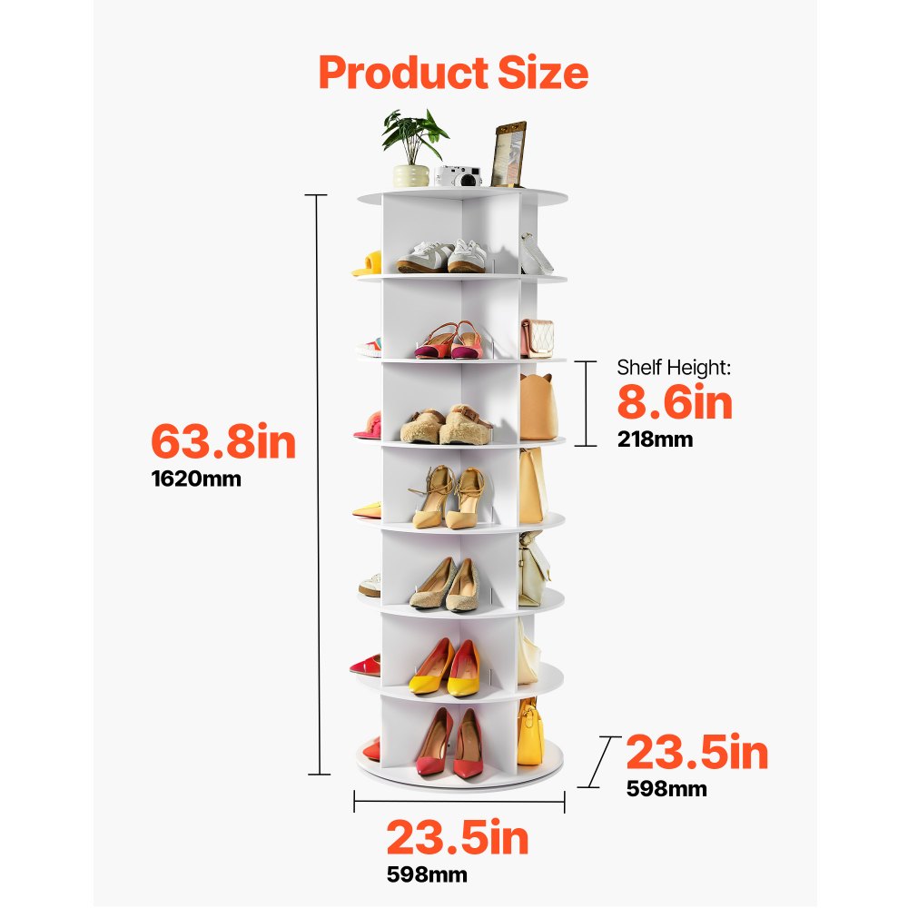 VEVOR 7 Tiers Rotating Shoe Rack Tower, 360° Spinning Shoe Rack, Revolving Storage Round Carousel Display, Freestanding Lazy Susan Organizer Display for Bedroom, Living Room, Entryway, Closet, White