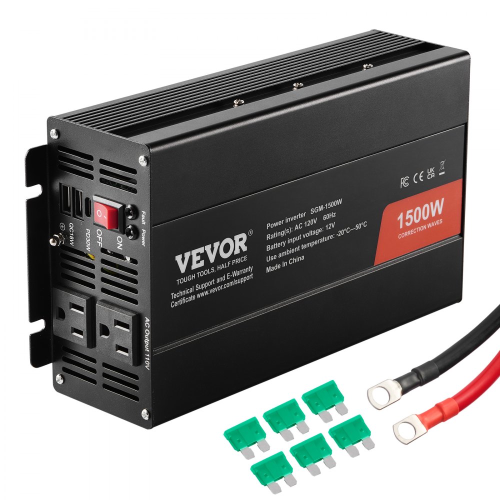 VEVOR Onduleur à onde sinusoïdale modifiée, 1500 W, onduleur DC 12 V vers AC 120 V avec 2 prises AC, 2 ports USB, 1 port Type-C, 6 fusibles de rechange, pour petits appareils domestiques comme smartphone, ordinateur portable, certifié CE FCC