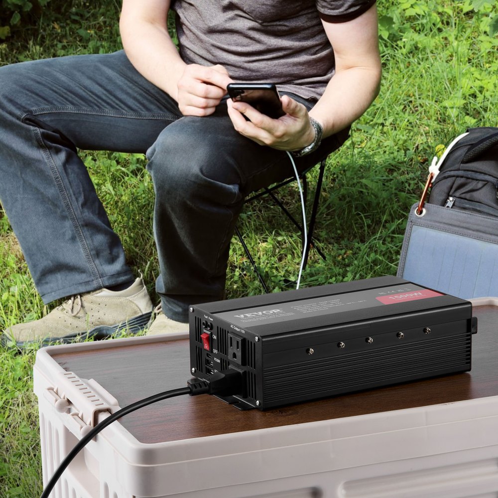 VEVOR Modified Sine Wave Inverter, 1500W, DC 12V to AC 120V Power Inverter with 2 AC Outlets 2 USB Port 1 Type-C Port 6 Spare Fuses, for Small Home Devices like Smartphone Laptop, CE FCC Certified