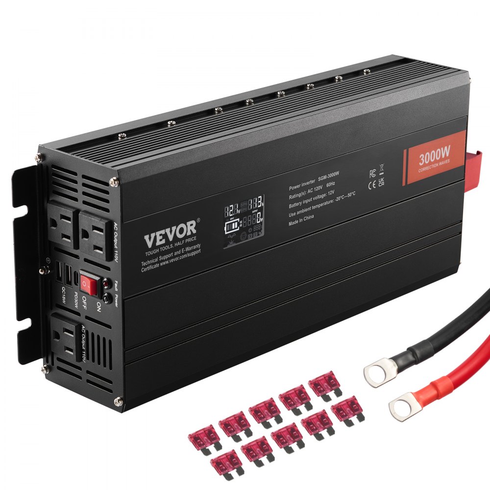 VEVOR modified sine wave inverter 3000w with multiple outlets, digital display, cables, and fuses.