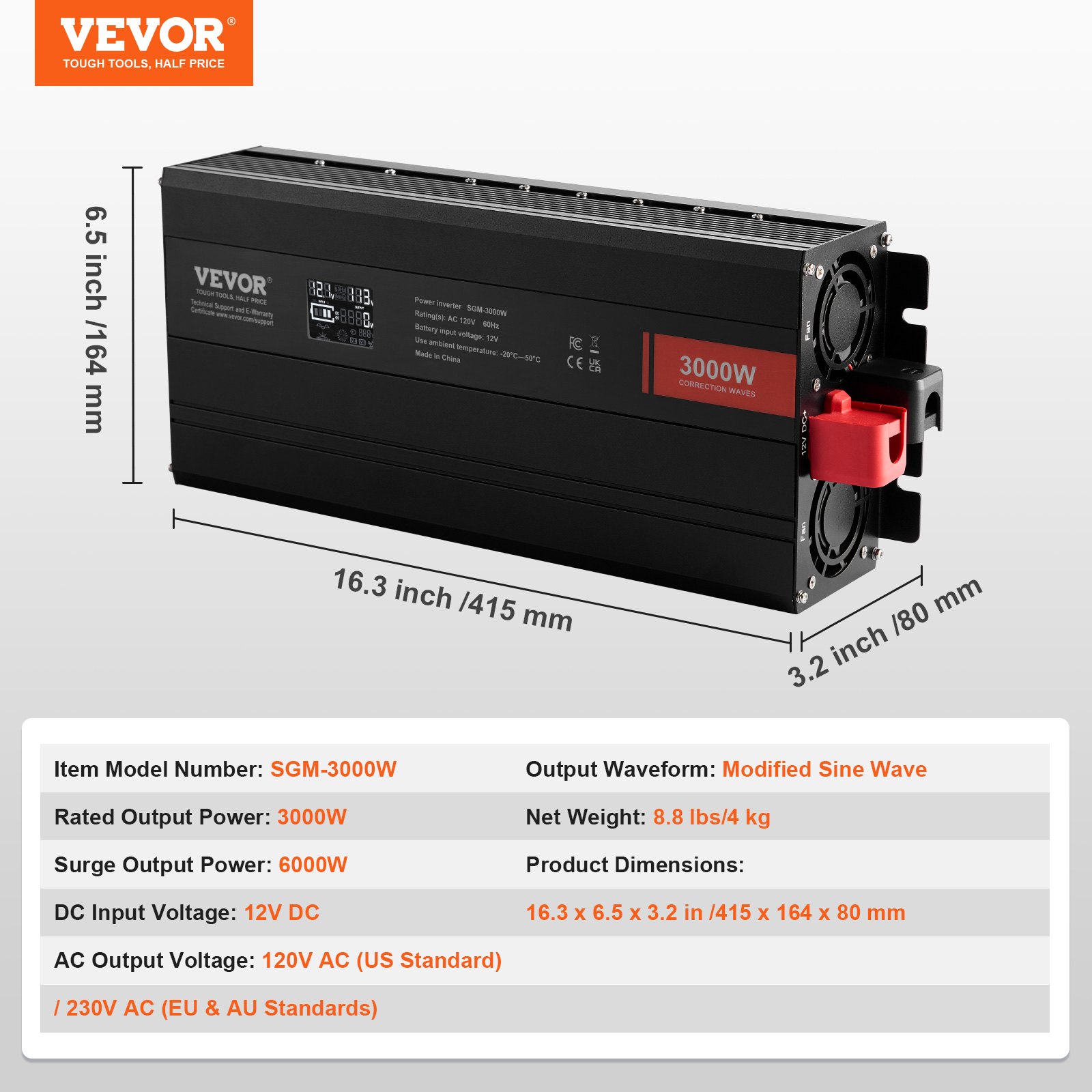 VEVOR Modified Sine Wave Inverter, 3000Watt, DC 12V to AC 120V LCD Display Power Inverter with 3 AC Outlets 2 USB Port 1 Type-C Port 10 Spare Fuses, for Large Household Equipment, CE FCC Certified