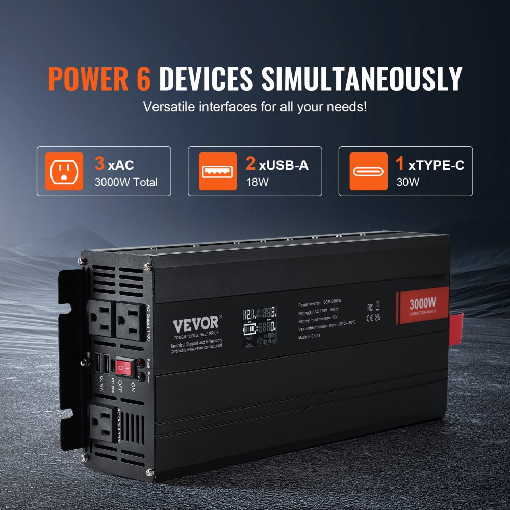 VEVOR Modified Sine Wave Inverter, 3000Watt, DC 12V to AC 230V LCD Display Power Inverter with 3 AC Outlets 2 USB Port 1 Type-C Port 10 Spare Fuses, for Large Household Equipment, CE FCC Certified