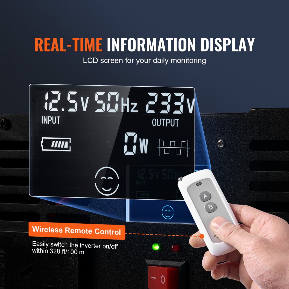 VEVOR Modified Sine Wave Inverter, 5000W, DC 12V to AC 120V Power Inverter with 6 AC Outlets 2 USB Port 1 Type-C Port, LCD Display and Remote Controller for High Load Home Appliances, CE FCC Certified