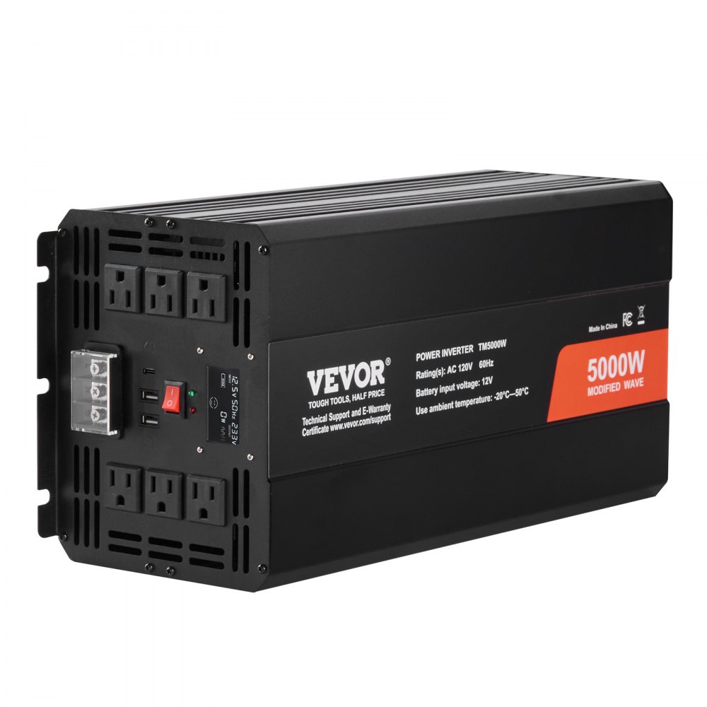 VEVOR Modified Sine Wave Inverter, 5000W, DC 12V to AC 120V Power Inverter with 6 AC Outlets 2 USB Port 1 Type-C Port, LCD Display and Remote Controller for High Load Home Appliances, CE FCC Certified