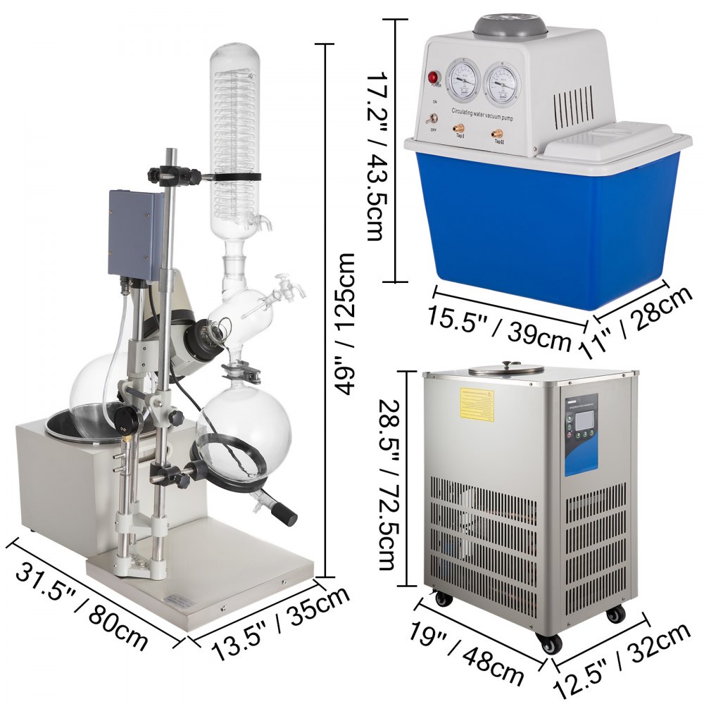 VEVOR 5L Rotary Evaporator 0-90rpm, Professioanl Rotary Evaporator with Vacuum Pump and Chiller, with Manual Lift 0-180°C 0.098mpa（White）