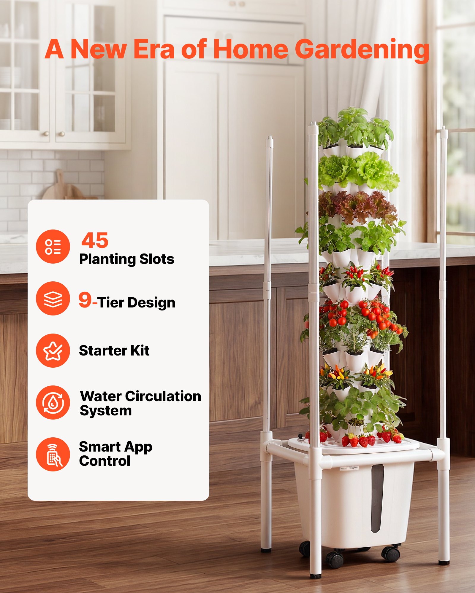 VEVOR Hydroponic Tower, 45 Pods 9 Tiers Hydroponics Growing System Kit with LED Grow Light, App Control & Casters, Vertical Home Garden with 20L Water Tank & Pump for Indoor Herbs, Fruits, Vegetables