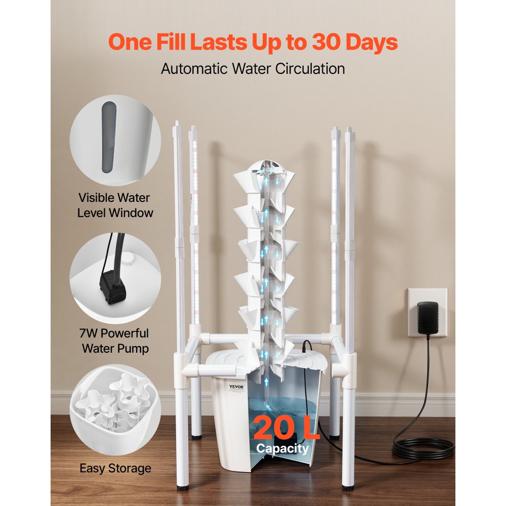 VEVOR Hydroponic Tower, 30 Pods 6 Tiers Hydroponics Growing System Kit with LED Grow Light & App Control, Vertical Home Garden with 20L Water Tank & Pump, Planter for Indoor Herbs, Fruits, Vegetables