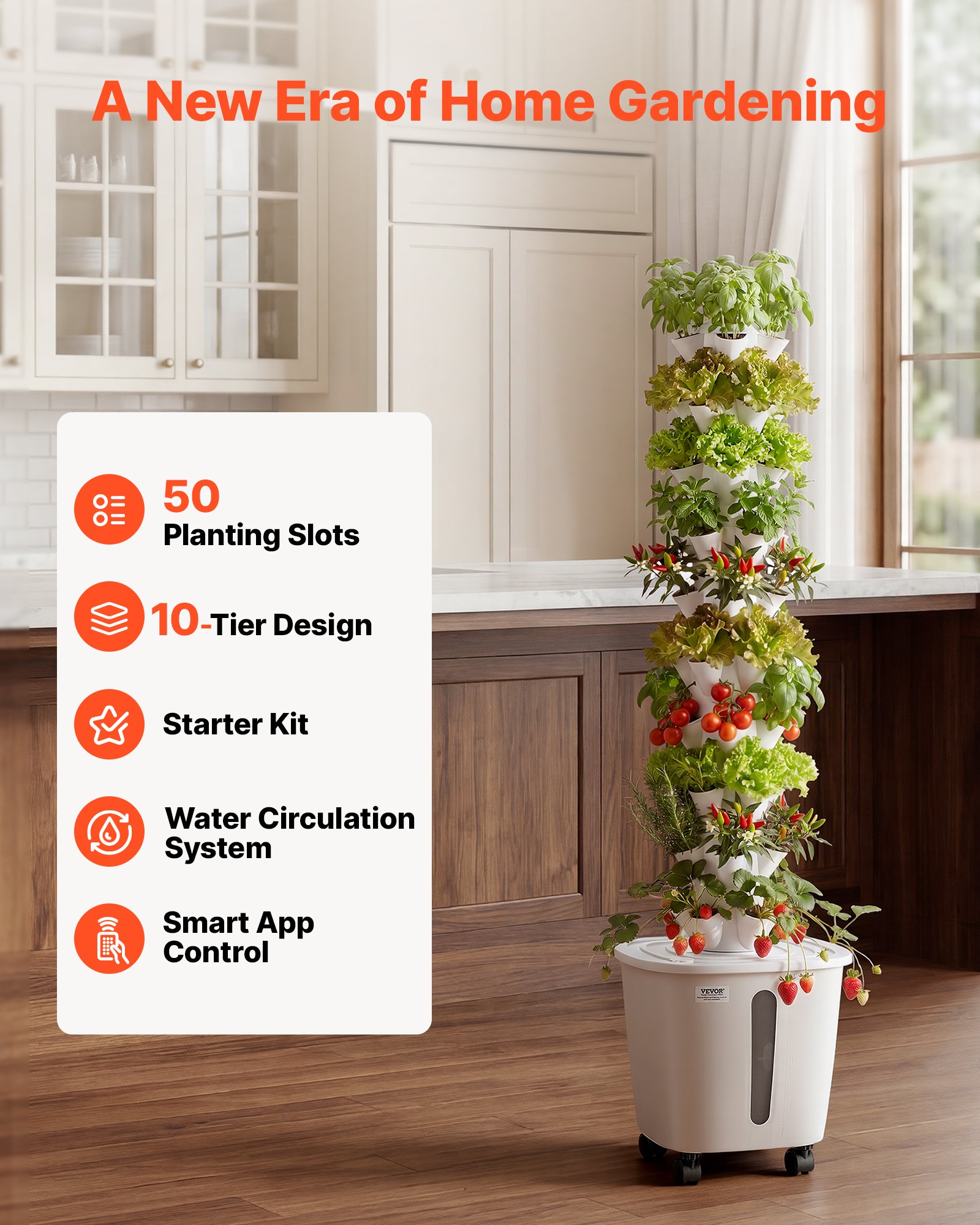 VEVOR Hydroponic Tower, 50 Pods 10 Tiers Hydroponics Growing System Kit with App Control & Casters, Vertical Home Garden with 20L Water Tank & Pump, Planter for Indoor Herbs, Fruits and Vegetables