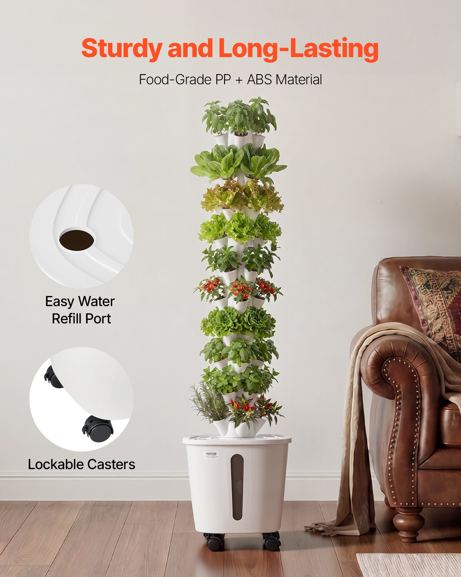 VEVOR Hydroponic Tower, 50 Pods 10 Tiers Hydroponics Growing System Kit with App Control & Casters, Vertical Home Garden with 20L Water Tank & Pump, Planter for Indoor Herbs, Fruits and Vegetables