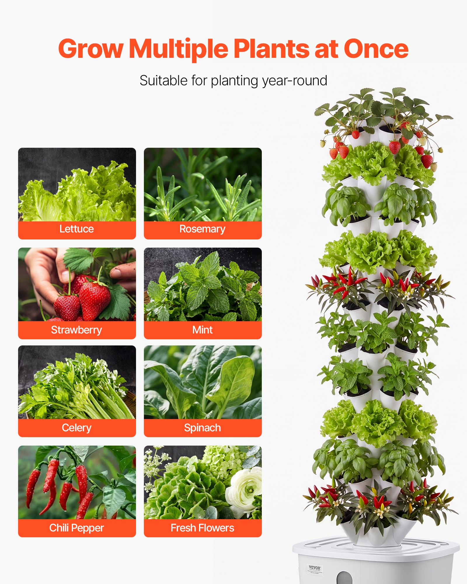 VEVOR Hydroponic Tower, 50 Pods 10 Tiers Hydroponics Growing System Kit with App Control & Casters, Vertical Home Garden with 20L Water Tank & Pump, Planter for Indoor Herbs, Fruits and Vegetables