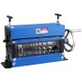 blue VEVOR wire stripping machine with hand crank and multiple stripping holes.
