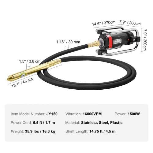 VEVOR Electric Concrete Vibrator 1300w 2hp Copper Motor 16000 Vpm Handheld Portable Pencil Cement Vibrating Tool With 14.75ft Shaft VEVOR Electric Concrete Vibrator 1300w 2hp Copper Motor 16000 Vpm Handheld Portable Pencil Cement Vibrating Tool With 14.75ft Shaft