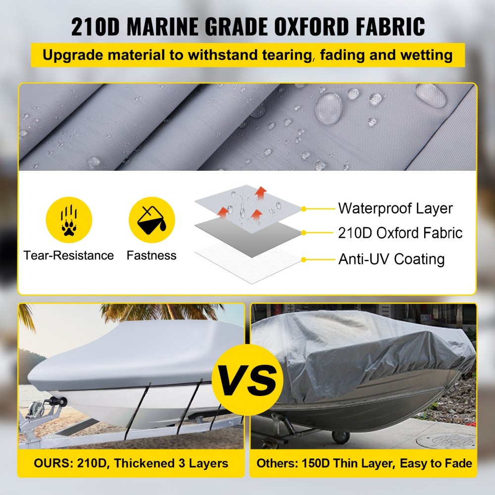 VEVOR Waterproof Boat Cover, 17'-19' Trailerable Boat Cover, Beam Width up to 102" v Hull Cover Heavy Duty 600D Marine Grade Polyester Mooring Cover for Fits V-Hull Boat with 5 Tightening Straps