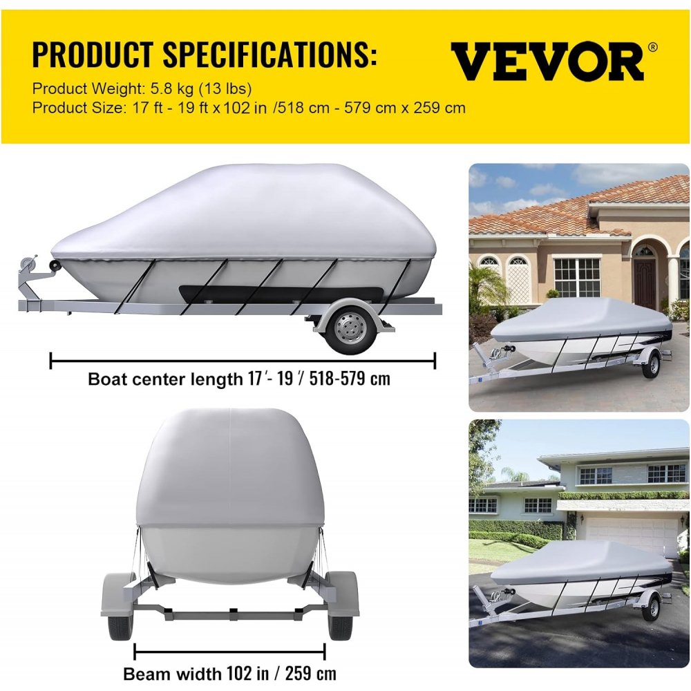 VEVOR Waterproof Boat Cover, 518.2 cm-579.1 cm Trailerable Boat Cover, Beam Width up to 259.1 cm v Hull Cover Heavy Duty 600D Marine Grade Polyester Mooring Cover for Fits V-Hull Boat with 5 Tightening Straps
