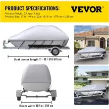 VEVOR Waterproof Boat Cover, 17'-19' Trailerable Boat Cover, Beam Width up to 90" v Hull Cover Heavy Duty 210D Marine Grade Polyester Mooring Cover for Fits V-Hull Boat with 5 Tightening Straps