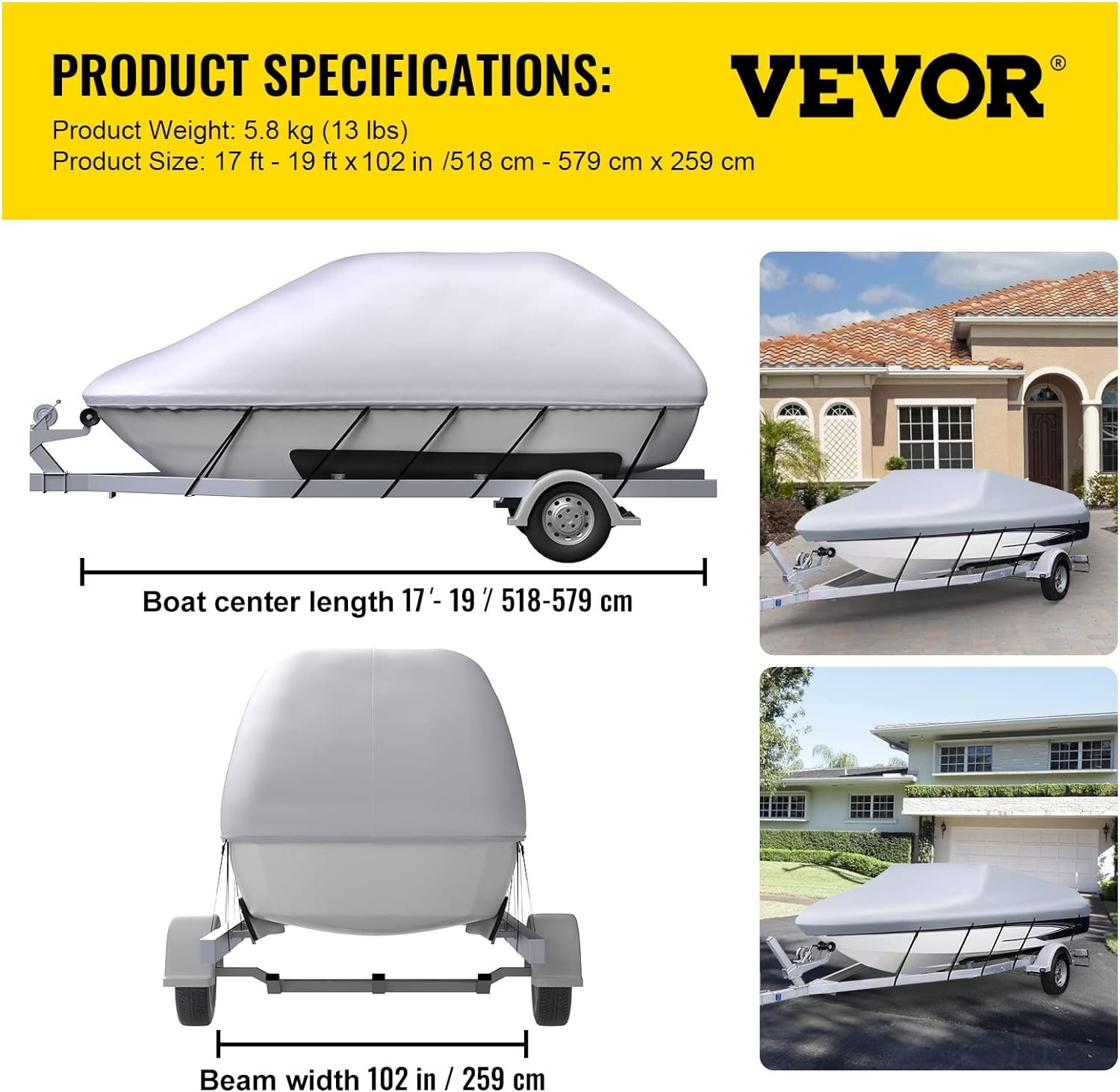 VEVOR Waterproof Boat Cover, 518.2 cm-579.1 cm Trailerable Boat Cover, Beam Width up to 259.1 cm v Hull Cover Heavy Duty 600D Marine Grade Polyester Mooring Cover for Fits V-Hull Boat with 5 Tightening Straps