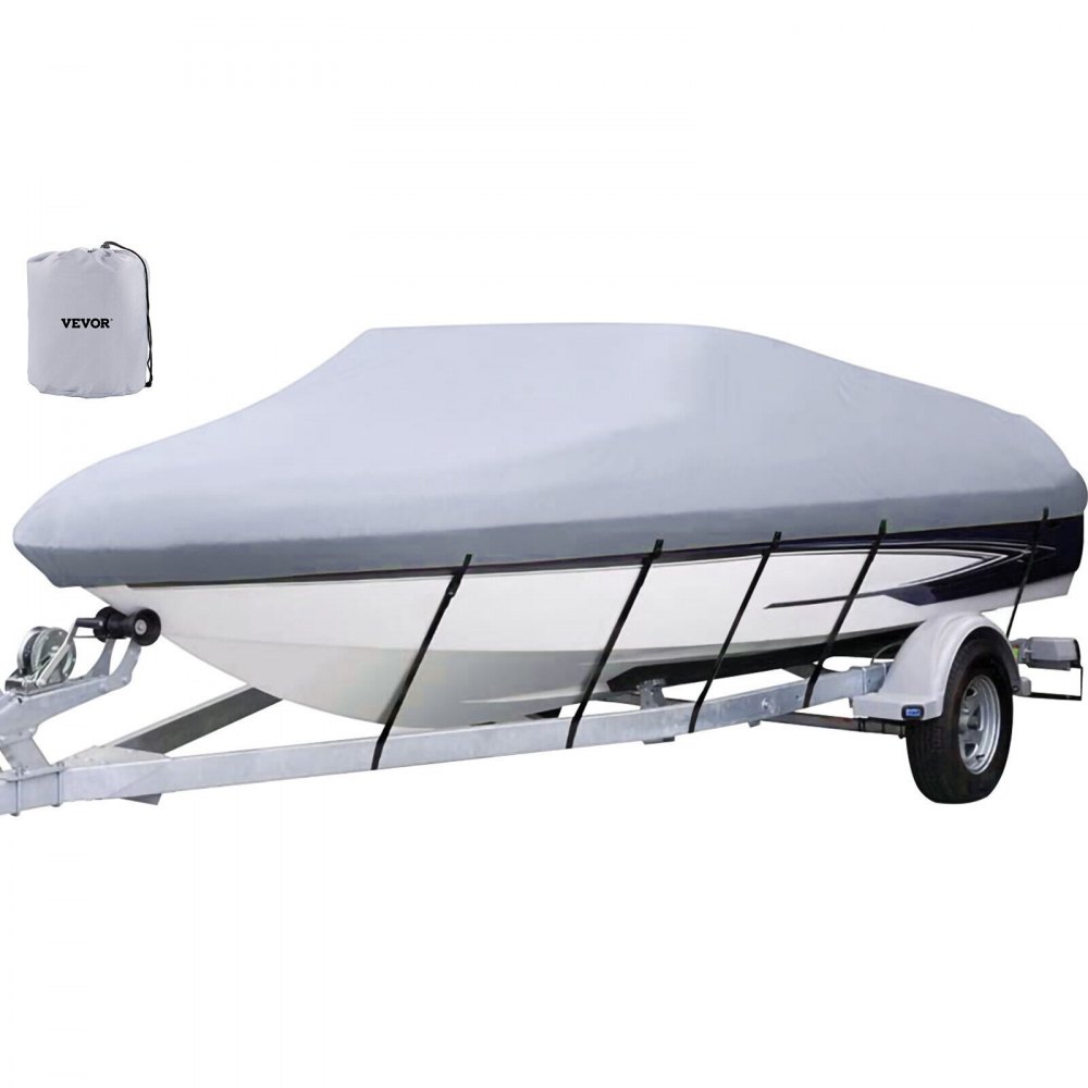 VEVOR boat cover protecting a white boat on a trailer, with a matching storage bag.