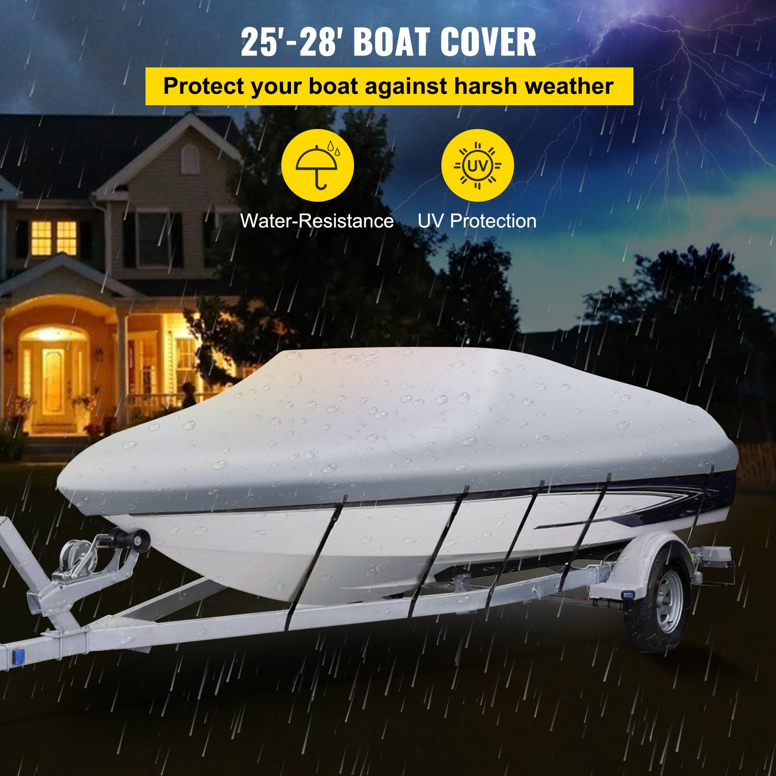VEVOR 25-28FT Waterproof Boat Speedboat Cover Heavy Duty Fish Ski V-Hull Marine